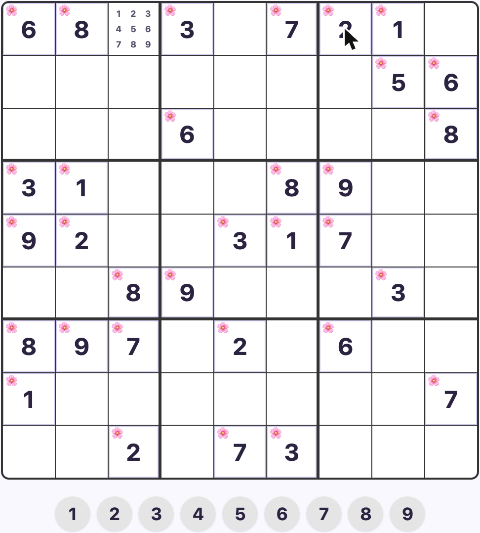 A Sudoku board and digit tray in Black and White mode - every cell, pencil mark, and tray icon is a plain digit on a plain gray or white background, with no pastel color anywhere
