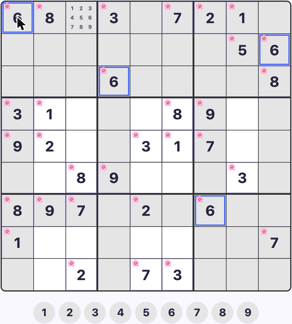 A Sudoku board with Numbers Only, Black and White, and Toddler Mode all on at once - plain digits on a plain background, with the selected digit's row, column, and box tinted light gray and a blue ring on matching cells