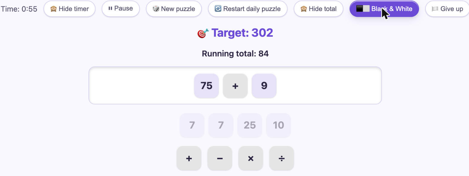 The same Countdown board with Black and White mode on - the operator tiles are plain gray instead of pastel colors