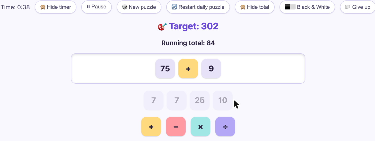 The Countdown board showing a target number, a running total, a two-step sequence of tiles (75, plus, 9), a row of remaining number tiles, and a row of four colored operator tiles