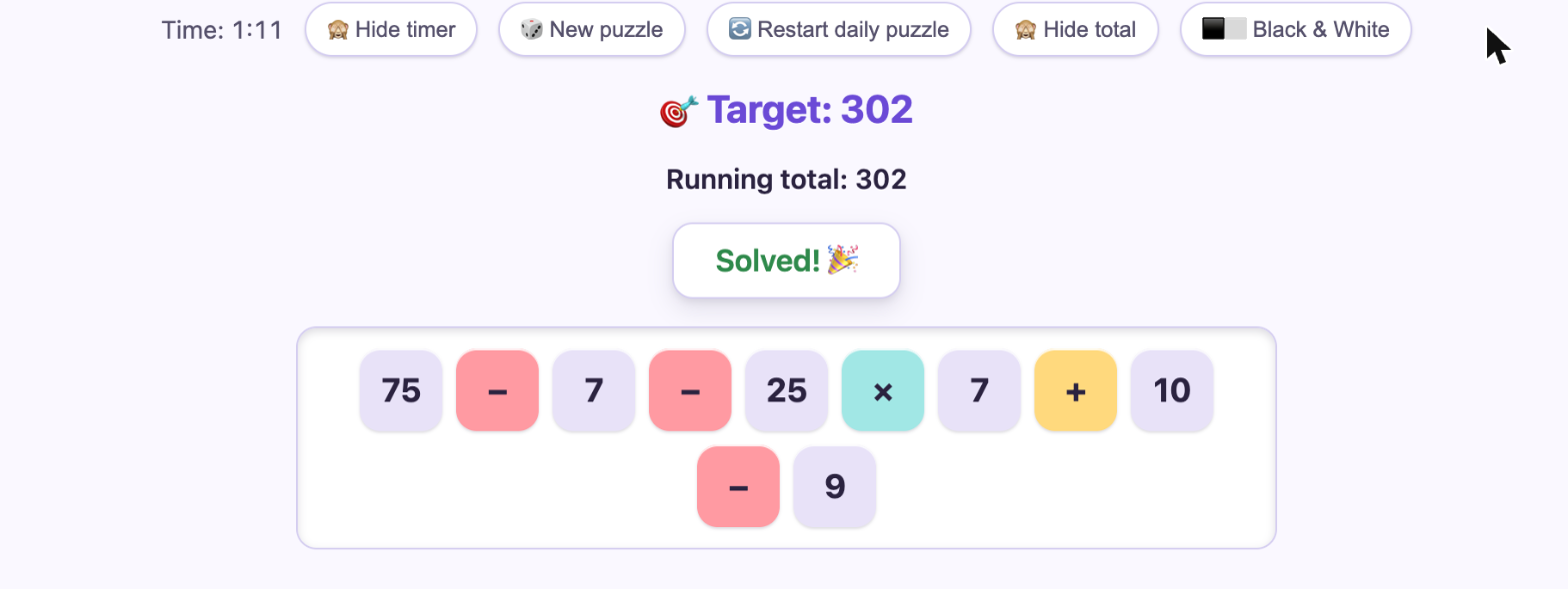 A completed Countdown puzzle showing the Solved banner and a full multi-step sequence of tiles reaching the target exactly