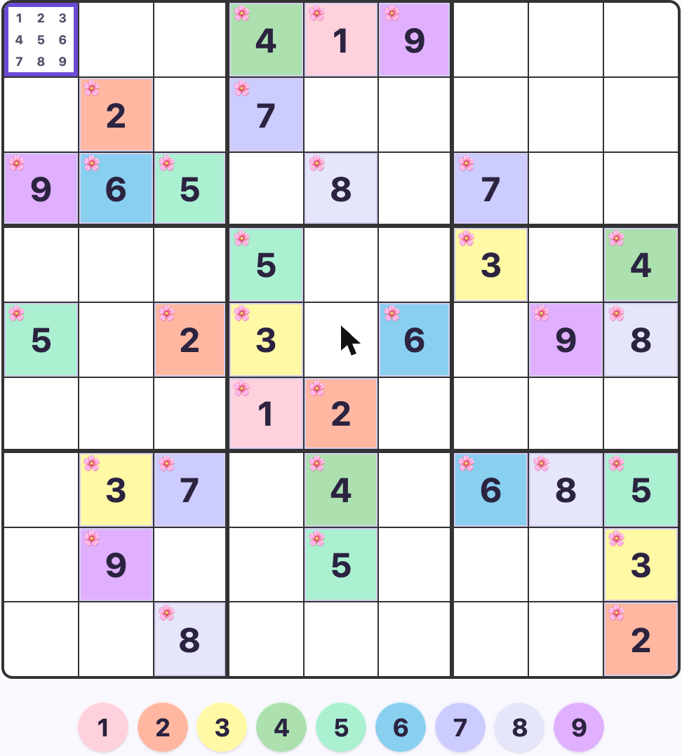 A Sudoku board and digit tray in Numbers Only mode - filled cells and tray icons show plain colored digits, and the top-left cell shows a full set of small pencil-mark digits arranged in a 3x3 grid