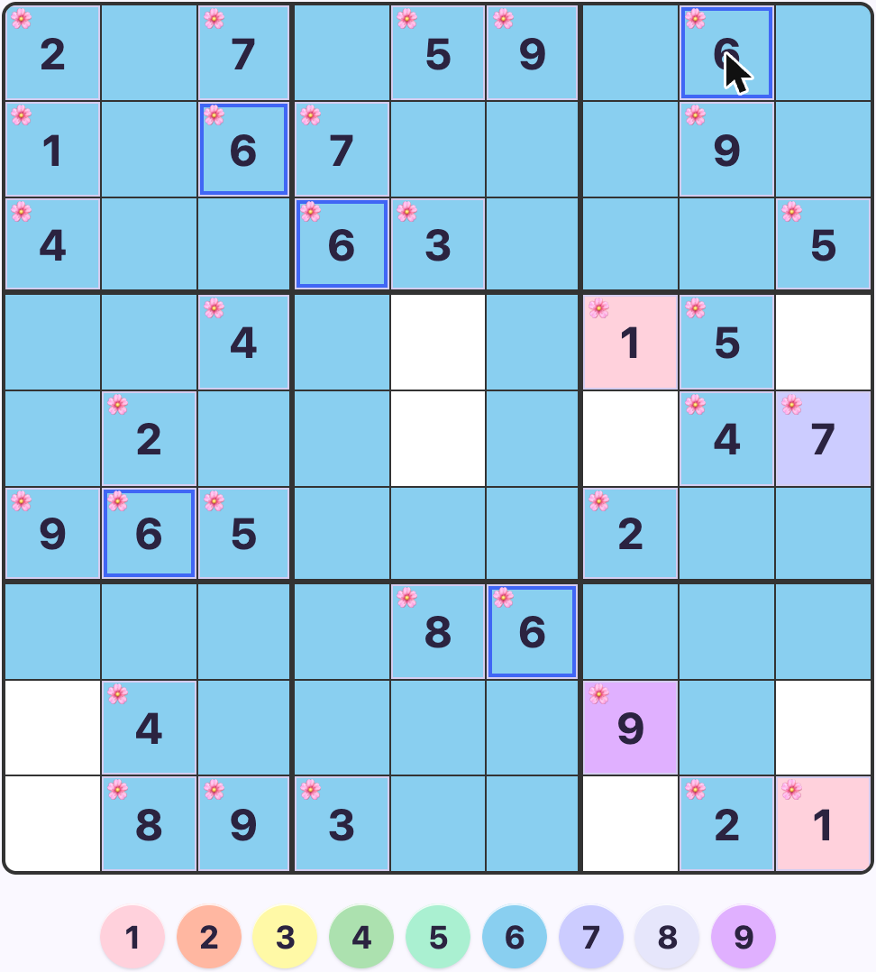 A Sudoku board with both Numbers Only and Toddler Mode on at once - plain digits, with the selected digit's full row, column, and box tinted
