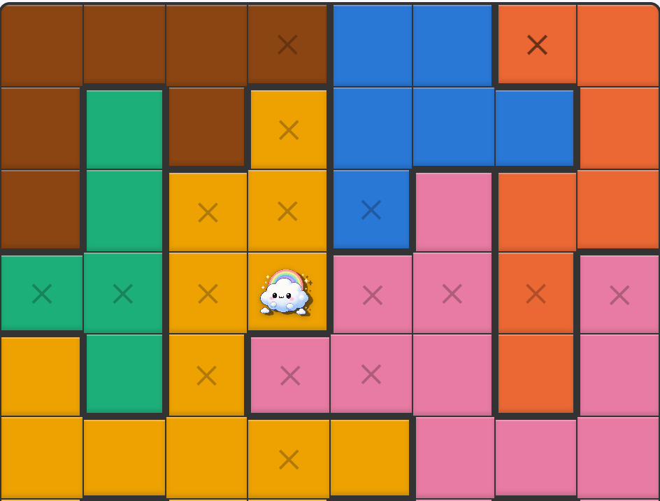 A Queens board showing one placed queen, a few automatically greyed-out X marks it rules out, and one manually placed bold X mark