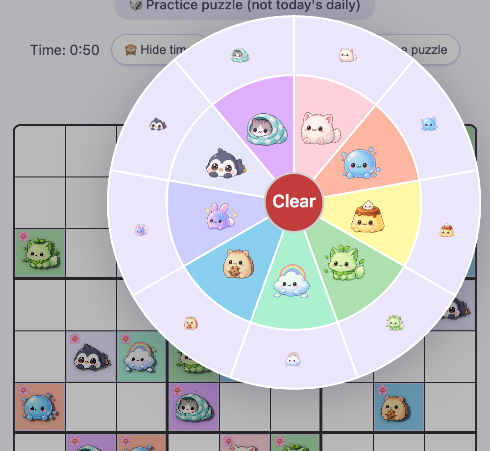The rotary dial open over a Sudoku cell, showing an inner ring of creatures to set a value, an outer ring to add a pencil mark, and a center hub to clear the cell
