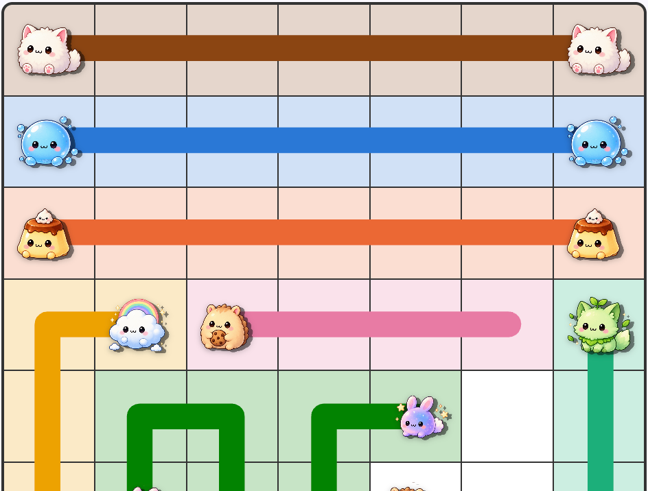 A Shape Link board with several pairs of matching creatures already connected by colored paths, and one pair partway through being connected