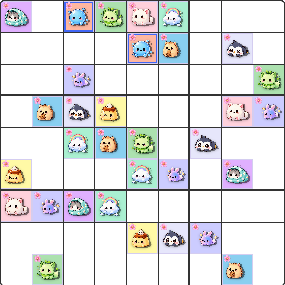 A Sudoku board with Toddler Mode off - a selected creature's two placed cells each show a blue ring, but the rest of the board looks normal