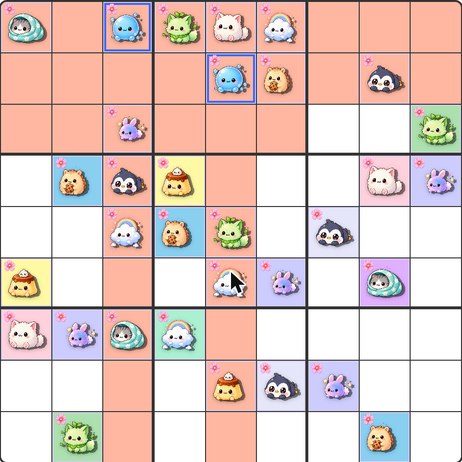 The same Sudoku board with Toddler Mode on - the selected creature's full rows, columns, and 3x3 boxes are all tinted with its pastel color