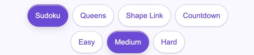 The Sudokuwu mode picker with four buttons - Sudoku, Queens, Shape Link, and Countdown - and below it a difficulty picker with Easy, Medium and Hard buttons